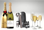 A bottle of chapagne and white wine with coravin preservation system and 4 wine glasses