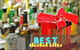 Red gift box with liquor bottles in the background
