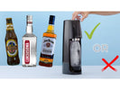 SodaStream with 3 bottles of liquor and check and x mark on each side
