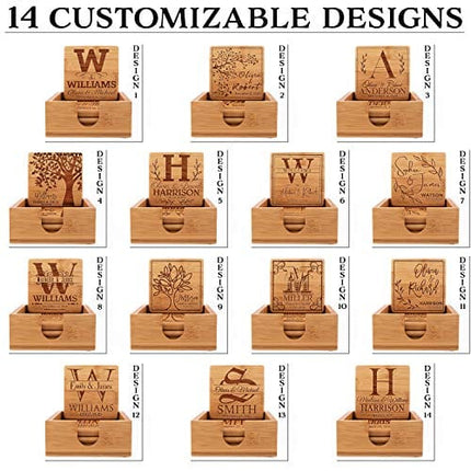 Personalized Coasters for Drinks, Set of 4, Laser Engraved Wedding Wooden Coaster w Holder | 14 Customizable Designs | - House Warming Presents for New Home, Custom Bamboo Coasters for Couples