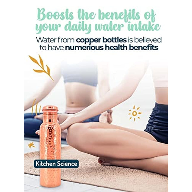 Kitchen Science Copper Water Bottle (32oz/950ml) w/a Carrying Canvas Bag | 100% Pure Copper Bottle for Drinking Water | Lab-Tested, Heavy Duty & Leak-Proof | Authentic Ayurvedic Copper Water Bottle