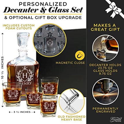 Personalized Custom Engraved Whiskey Decanter Set - Decanter and 4 Glasses Gifts Set - Custom Engraved Monogrammed with Shield Design