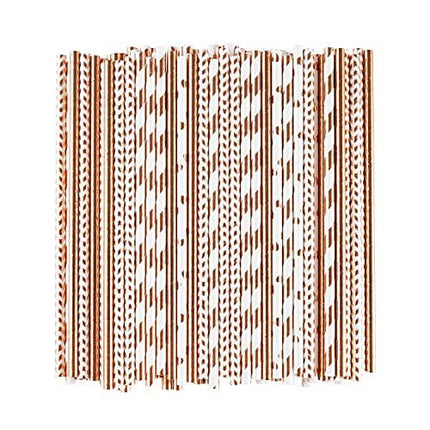 ALINK Biodegradable Rose Gold Paper Straws Bulk, Pack of 100 Metallic Foil Striped/Wave/Heart Straws for Birthday, Wedding, Bridal/Baby Shower, Christmas Decorations and Party Supplies