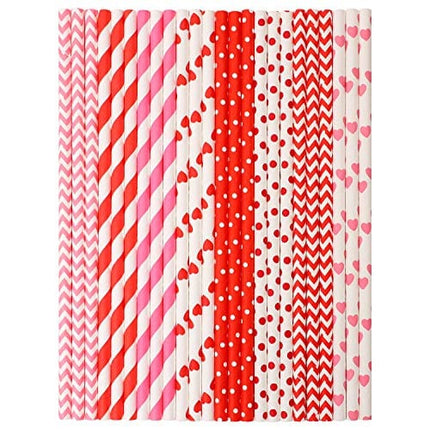 Cooraby 200 Pieces Valentine's Day Paper Straws Red and Pink Biodegradable Drinking Hearts Stripe Bicolor Stripe Dot Chevron Straw Mix for Wedding Supplies and Party Favors, 8 Styles (Red, Pink)