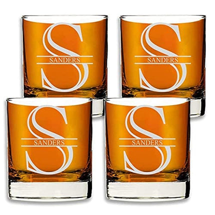 Froolu Personalized Scotch Whiskey Glasses Set - Premium Customizable Monogram Designs - Etched Bourbon Drinking Whisky Rocks Gift for Men - Great for Birthday, Anniversary (Set of 4)