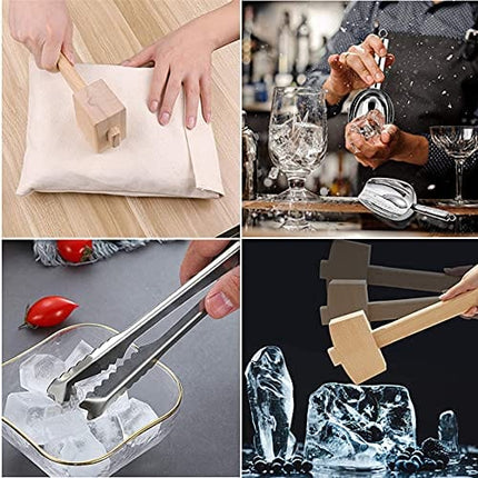 Lewis bag and Wooden Mallet Crusher, Reusable Canvas Crushed Ice Bags,Wooden Mallet Bar, Steel Ice Scoop and Ice Tongs, for Summer Bartender Kit & Bar Tools Kitchen Accessory