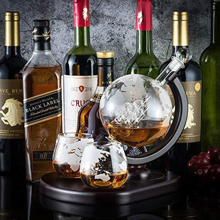 WEEBNG Whiskey Decanter Set,Globe Wine Decanter Set with 2 Glasses,Cleaning Beads,4 Stainless Steel Ice Cubes and Ice Tong,Beverage Drink Liquor Dispenser - Gift Set for Liquor, Scotch,Bourb(29oz)
