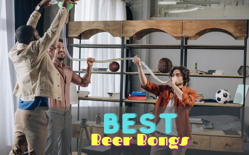 Friends holding up a beer bong while one drinks from it