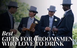 Groomsmen wearing top hats and holding drinks