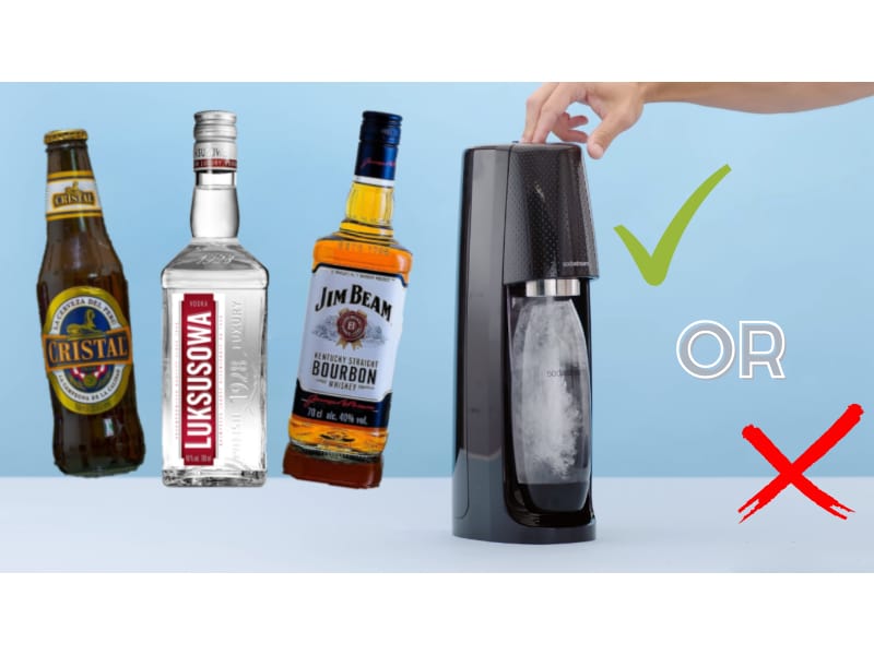 SodaStream with 3 bottles of liquor and check and x mark on each side