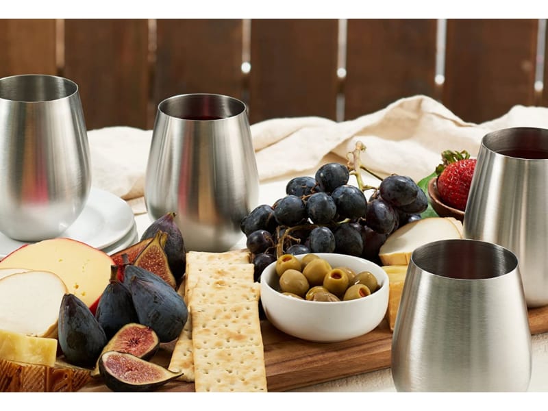 Stemless, stainless steel wine glasses for indoor table settings and outdoor picnics