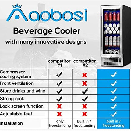 AAOBOSI Beverage Refrigerator 15 Inch 100 Cans Built-in Beverage Cooler with Quiet Operation, Compressor Cooling System, Energy Saving, Adjustable Shelves, Ideal for Beer, Soda, Water or Wine