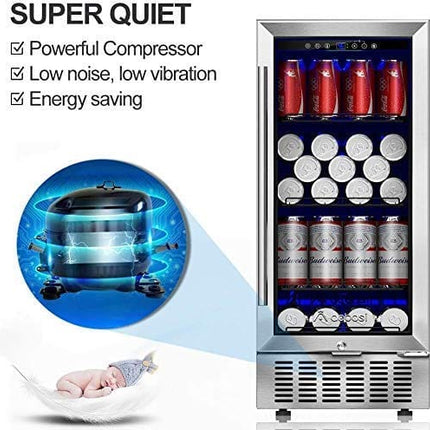 AAOBOSI Beverage Refrigerator 15 Inch 100 Cans Built-in Beverage Cooler with Quiet Operation, Compressor Cooling System, Energy Saving, Adjustable Shelves, Ideal for Beer, Soda, Water or Wine
