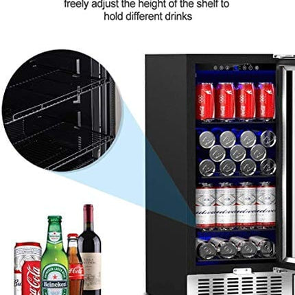 AAOBOSI Beverage Refrigerator 15 Inch 100 Cans Built-in Beverage Cooler with Quiet Operation, Compressor Cooling System, Energy Saving, Adjustable Shelves, Ideal for Beer, Soda, Water or Wine