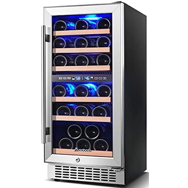 AAOBOSI Wine Cooler Refrigerator 15 inch Dual Zone Wine Fridge for 30 Bottles Built in or Freestanding Compressor Wine Chiller with Temperature Memory | Fog Free, Front Vent, Quick and Quiet Operation