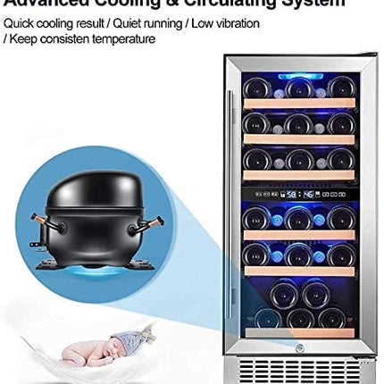 AAOBOSI Wine Cooler Refrigerator 15 inch Dual Zone Wine Fridge for 30 Bottles Built in or Freestanding Compressor Wine Chiller with Temperature Memory | Fog Free, Front Vent, Quick and Quiet Operation