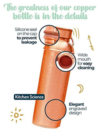 Kitchen Science 100% Pure Copper Designer Water Bottle (34 OZ/ 1000 ml) w/ Carrying Canvas Bag & Sleeve