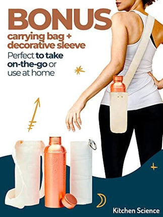 Kitchen Science 100% Pure Copper Designer Water Bottle (34 OZ/ 1000 ml) w/ Carrying Canvas Bag & Sleeve