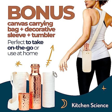 Kitchen Science Copper Water Bottle (34oz/1000 ml) w/ Copper Tumbler, Carrying Bag & Deco Sleeve | Pure Copper Bottle for Drinking Water | Lab-Tested, Leak-Proof | Authentic Ayurvedic Copper Bottle