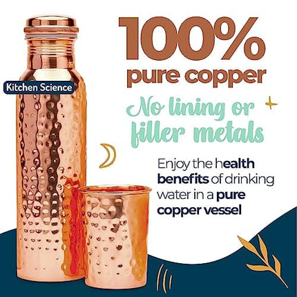 Kitchen Science Copper Water Bottle (34oz/1000 ml) w/ Copper Tumbler, Carrying Bag & Deco Sleeve | Pure Copper Bottle for Drinking Water | Lab-Tested, Leak-Proof | Authentic Ayurvedic Copper Bottle
