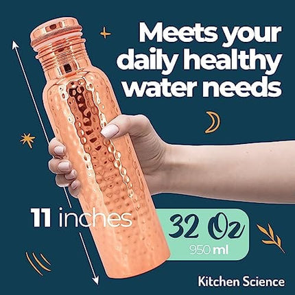 Kitchen Science Copper Water Bottle (34oz/1000 ml) w/ Copper Tumbler, Carrying Bag & Deco Sleeve | Pure Copper Bottle for Drinking Water | Lab-Tested, Leak-Proof | Authentic Ayurvedic Copper Bottle