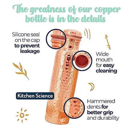 Kitchen Science Copper Water Bottle (34oz/1000 ml) w/ Copper Tumbler, Carrying Bag & Deco Sleeve | Pure Copper Bottle for Drinking Water | Lab-Tested, Leak-Proof | Authentic Ayurvedic Copper Bottle