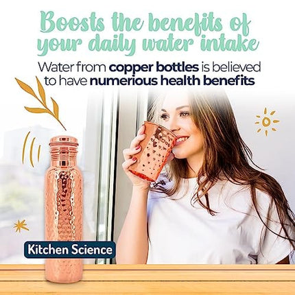 Kitchen Science Copper Water Bottle (34oz/1000 ml) w/ Copper Tumbler, Carrying Bag & Deco Sleeve | Pure Copper Bottle for Drinking Water | Lab-Tested, Leak-Proof | Authentic Ayurvedic Copper Bottle