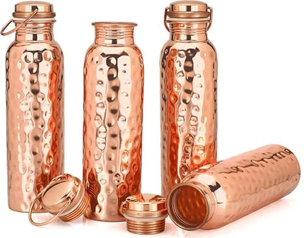 Glytterati Hammered Copper Water Bottle (34 oz/1000ml) (Set of 4) | Pure Copper Bottle | Pure Copper Vessel | Copper Bottle for Drinking Water