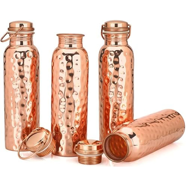 Glytterati Hammered Copper Water Bottle (34 oz/1000ml) (Set of 4) | Pure Copper Bottle | Pure Copper Vessel | Copper Bottle for Drinking Water