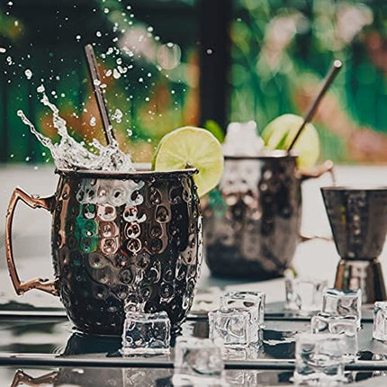 Advanced Mixology [Gift Set] Black Moscow Mule Mugs (18oz) | Black Mule Mug w/Gunmetal Finish | Comes w/Straws, Coasters, Jigger, Spoon & Brush | Black Tin Mugs (3 - Set of 8)