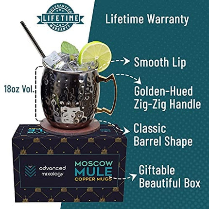 Advanced Mixology [Gift Set] Black Moscow Mule Mugs (18oz) | Black Mule Mug w/Gunmetal Finish | Comes w/Straws, Coasters, Jigger, Spoon & Brush | Black Tin Mugs (3 - Set of 8)