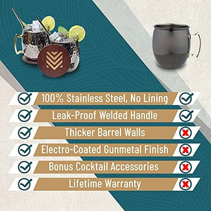 Advanced Mixology [Gift Set] Black Moscow Mule Mugs (18oz) | Black Mule Mug w/Gunmetal Finish | Comes w/Straws, Coasters, Jigger, Spoon & Brush | Black Tin Mugs (3 - Set of 8)