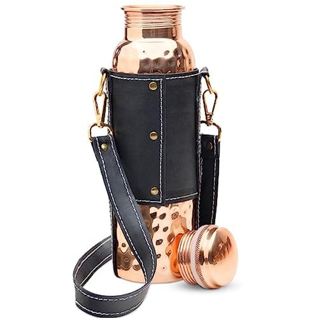 Kitchen Science Copper Water Bottle (34oz/1000ml) w/a Leather Carrying Bag | 100% Pure Copper Bottle for Drinking Water | Lab-Tested, Heavy Duty & Leak-Proof | Authentic Ayurvedic Copper Water Bottle