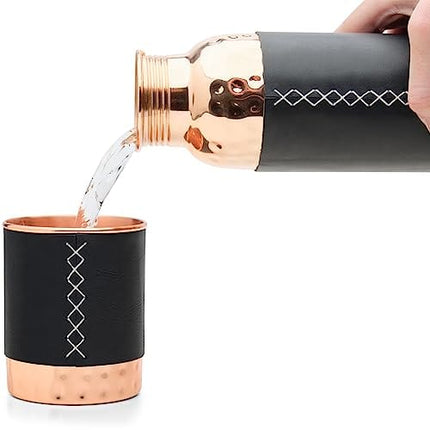 Kitchen Science Copper Water Bottle (34oz/1000ml) w/Copper Tumbler and Leather Sleeves | Pure Copper Bottle for Drinking Water | Lab-Tested, Leak-Proof | Authentic Ayurvedic Copper Bottle