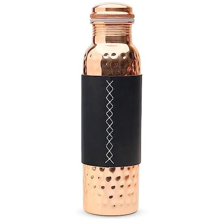 Kitchen Science Copper Water Bottle (34oz/1000ml) w/Copper Tumbler and Leather Sleeves | Pure Copper Bottle for Drinking Water | Lab-Tested, Leak-Proof | Authentic Ayurvedic Copper Bottle