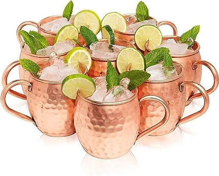 Kitchen Science Moscow Mule Copper Mugs Set of 6 (16oz) | Food Grade 100% Pure Copper Cups | Handcrafted w/Lacquered Hammered Finish, Smooth Rounded Lip, Ergonomic Handle (No Rivet) w/Solid Grip