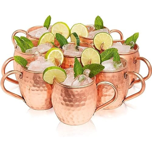 Kitchen Science Moscow Mule Copper Mugs Set of 6 (16oz) | Food Grade 100% Pure Copper Cups | Handcrafted w/Lacquered Hammered Finish, Smooth Rounded Lip, Ergonomic Handle (No Rivet) w/Solid Grip
