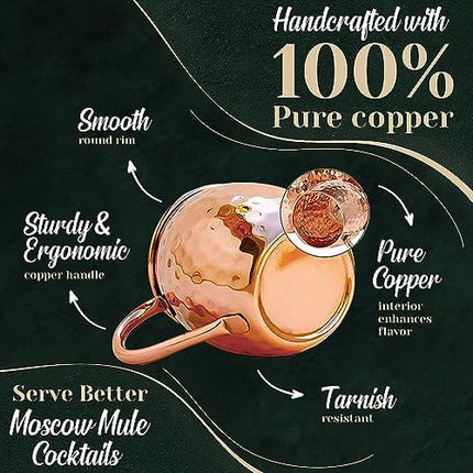 Kitchen Science Moscow Mule Copper Mugs Set of 6 (16oz) | Food Grade 100% Pure Copper Cups | Handcrafted w/Lacquered Hammered Finish, Smooth Rounded Lip, Ergonomic Handle (No Rivet) w/Solid Grip