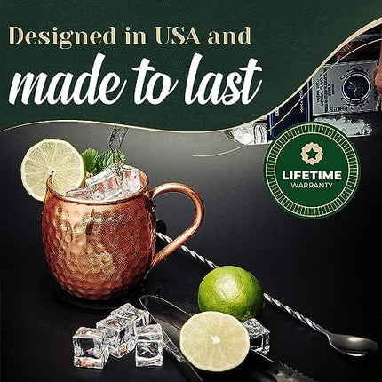 Kitchen Science Moscow Mule Copper Mugs Set of 6 (16oz) | Food Grade 100% Pure Copper Cups | Handcrafted w/Lacquered Hammered Finish, Smooth Rounded Lip, Ergonomic Handle (No Rivet) w/Solid Grip