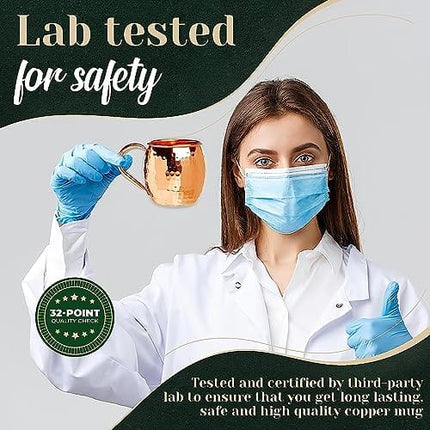 Kitchen Science Moscow Mule Copper Mugs Set of 6 (16oz) | Food Grade 100% Pure Copper Cups | Handcrafted w/Lacquered Hammered Finish, Smooth Rounded Lip, Ergonomic Handle (No Rivet) w/Solid Grip