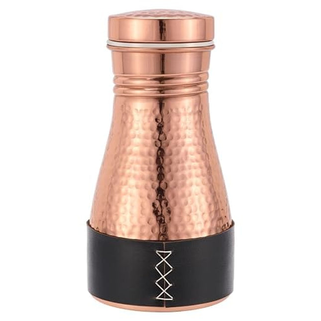 Kitchen Science Pure Copper Bedside Carafe | Handmade Jute Placemat | Leather Sleeve | 32 Oz | Leakproof Lid