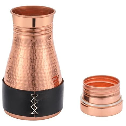 Kitchen Science Pure Copper Bedside Carafe | Handmade Jute Placemat | Leather Sleeve | 32 Oz | Leakproof Lid