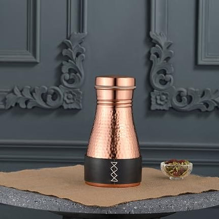 Kitchen Science Pure Copper Bedside Carafe | Handmade Jute Placemat | Leather Sleeve | 32 Oz | Leakproof Lid