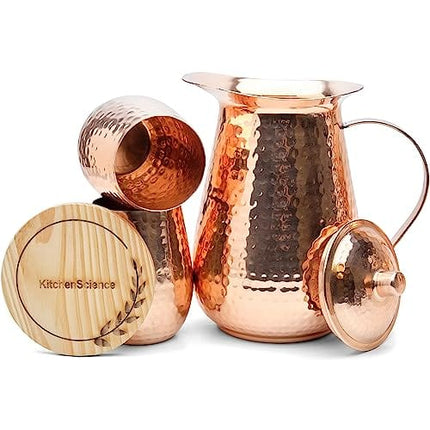 Kitchen Science Pure Copper Pitcher (70 oz. /2000 ml) with Copper Tumblers | Large Copper Water Pitcher for Drinking Water | Copper Vase | Copper Jug | Water Jug Set