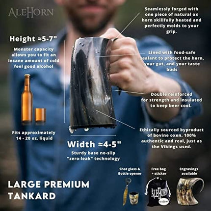 AleHorn Viking Mug, Shot Glass and Bottle Opener Bundle | Father's Day Gift Ideas - Viking Drinking Horn for Beer, Ale or Mead - 16 oz