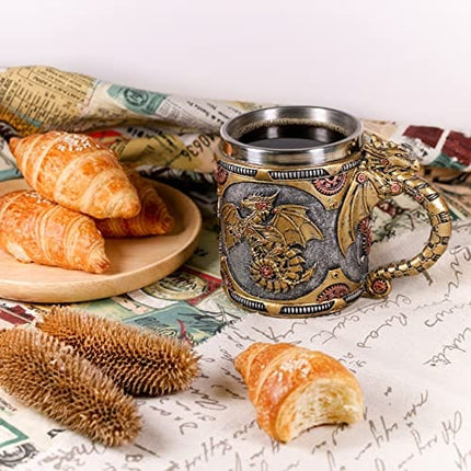 alikiki Steampunk Gearwork Mechanical Dragon Mug - Medieval Renaissance Dragons Beer Stein Tankard Stainless Coffee Cup Father Day Gift Mug for Dragon Collector Lovers Themed Party Decoration (14OZ)