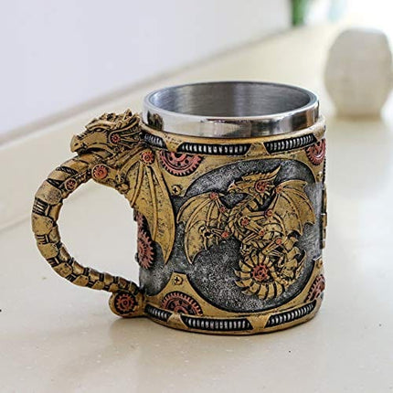 alikiki Steampunk Gearwork Mechanical Dragon Mug - Medieval Renaissance Dragons Beer Stein Tankard Stainless Coffee Cup Father Day Gift Mug for Dragon Collector Lovers Themed Party Decoration (14OZ)