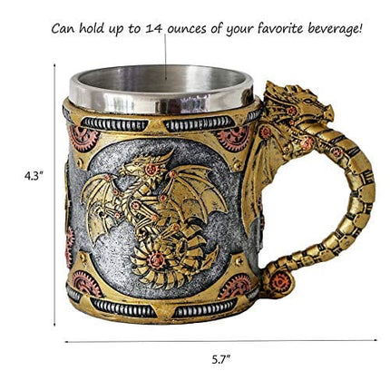 alikiki Steampunk Gearwork Mechanical Dragon Mug - Medieval Renaissance Dragons Beer Stein Tankard Stainless Coffee Cup Father Day Gift Mug for Dragon Collector Lovers Themed Party Decoration (14OZ)