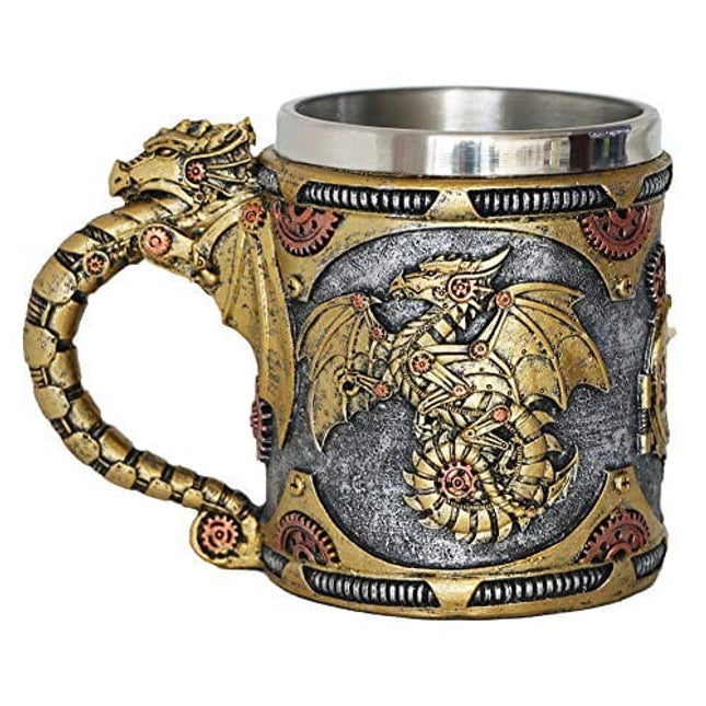 alikiki Steampunk Gearwork Mechanical Dragon Mug - Medieval Renaissance Dragons Beer Stein Tankard Stainless Coffee Cup Father Day Gift Mug for Dragon Collector Lovers Themed Party Decoration (14OZ)