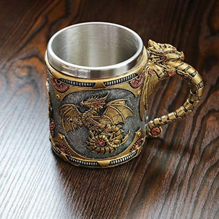 alikiki Steampunk Gearwork Mechanical Dragon Mug - Medieval Renaissance Dragons Beer Stein Tankard Stainless Coffee Cup Father Day Gift Mug for Dragon Collector Lovers Themed Party Decoration (14OZ)